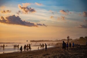 beach, dusk, people, vacation, leisure, swim, ocean, sea, water, sand, shore, seashore, nature, coast, tropical, canggu, bali, indonesia