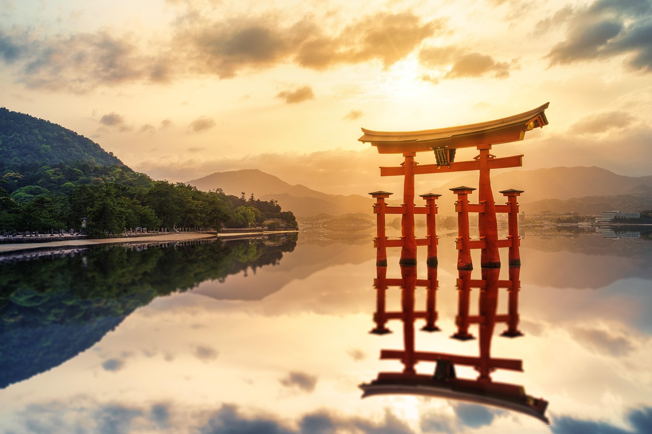 mountains, sunset, japan, miyajima, itsukushima shrine, hd wallpaper, nature, long exposure, water, travel, vacation, holiday, desktop wallpaper, monument, religion, nature wallpaper, beautiful nature, sea, glow, magical, nature background, dream, sunrays
