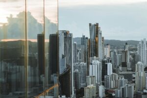 A breathtaking view of Panama City's modern skyline, showcasing skyscrapers and reflections.