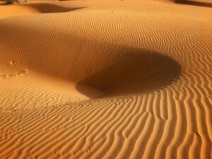 Golden sand dunes with rippled patterns in Yusufari, Nigeria, captured under soft sunlight.