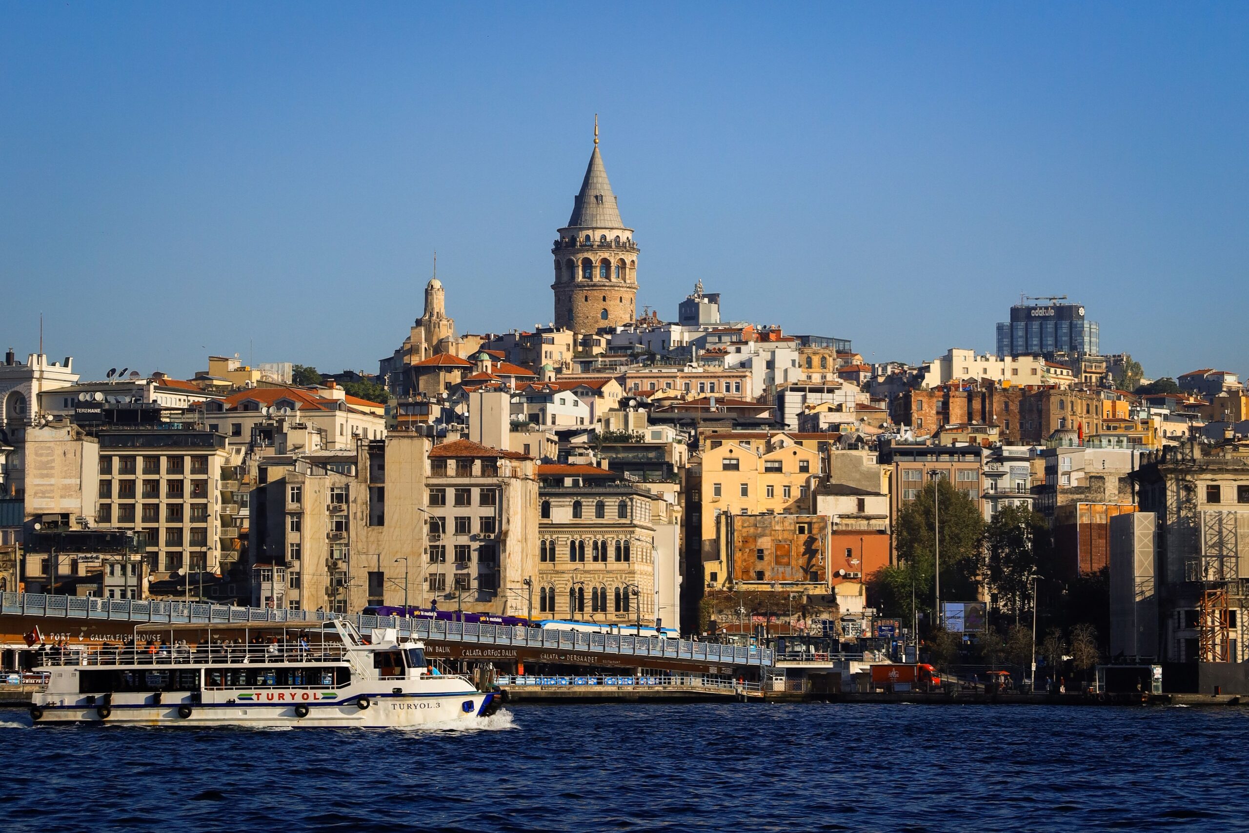 Capture the stunning view of Istanbul's iconic Galata Tower and vibrant cityscape along the Bosphorus.
