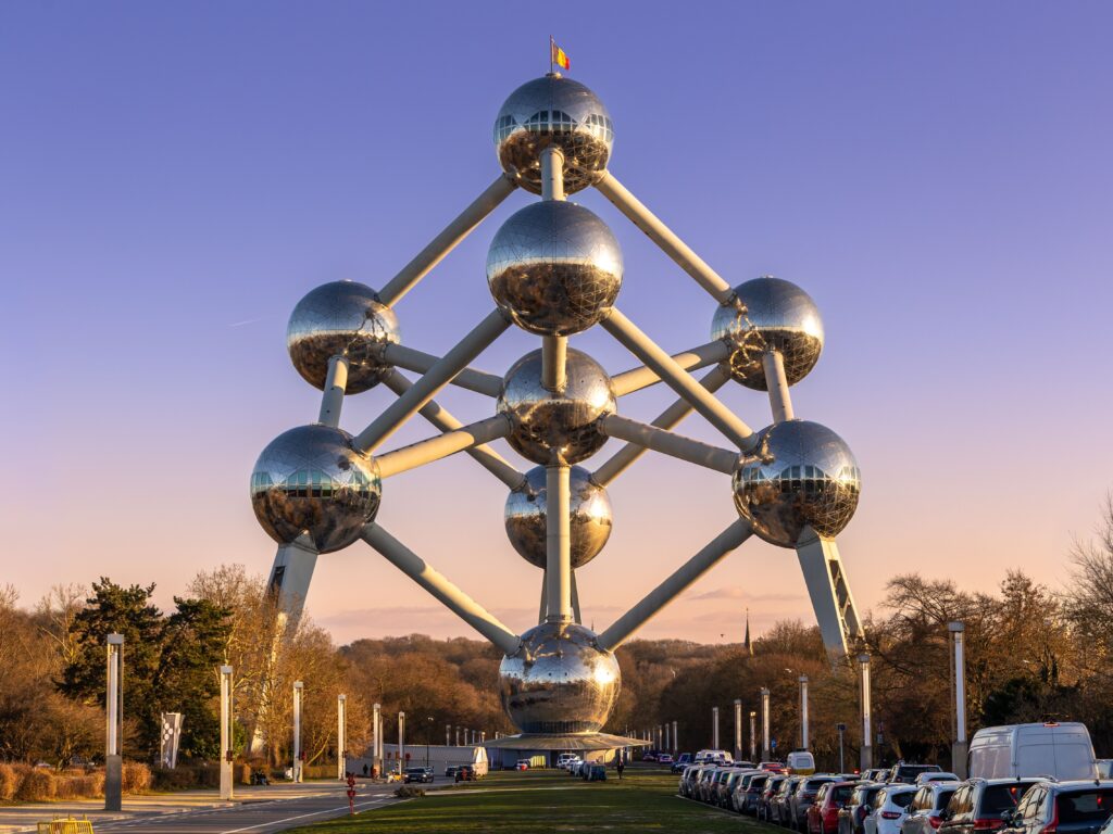 Stunning view of the Atomium in Brussels at sunset, showcasing its unique metallic design.